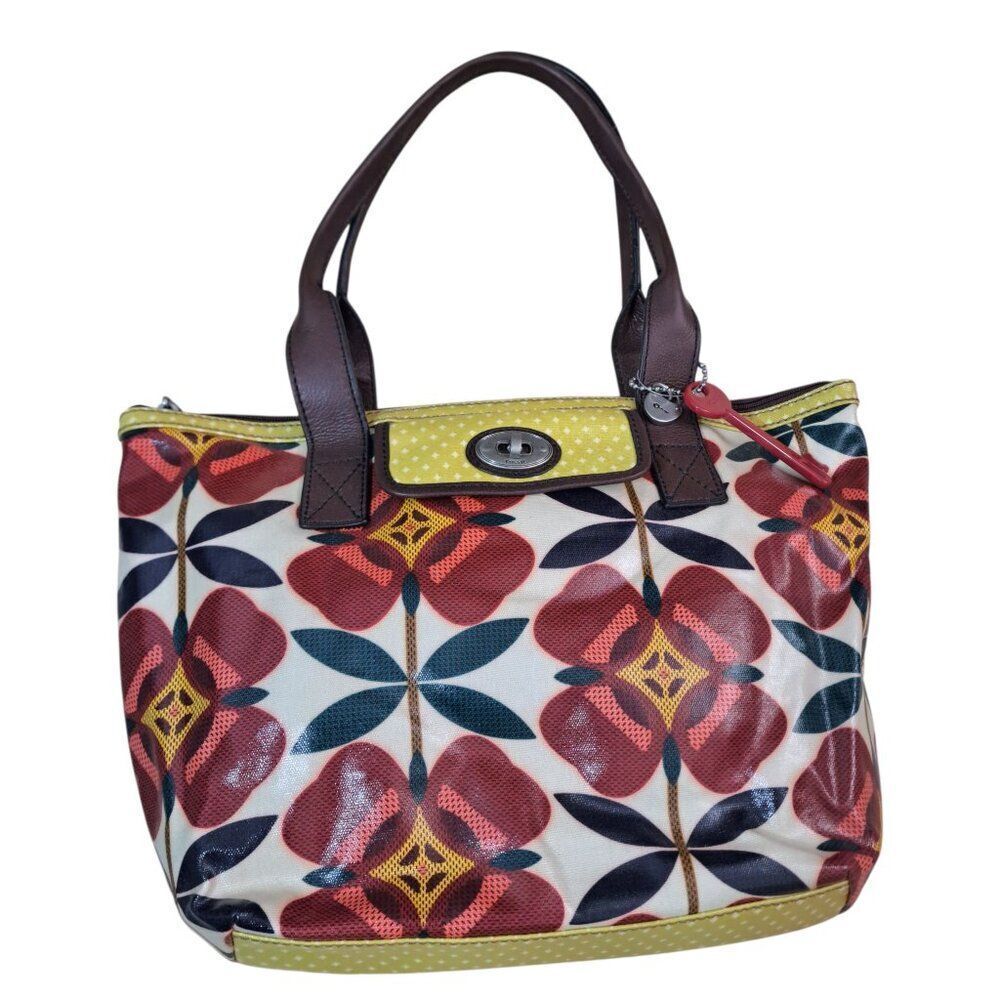 Fossil Key Tote Bag Purse Coated Canvas Red Floral Print Boho Y2K Retro Vintage